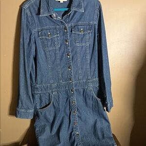 😄Vintage denim dress midi pockets long sleeve